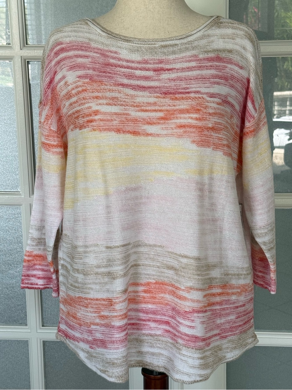 Chico’s Lightweight Striped Crewneck Sweater in Pink, Coral & Cream
